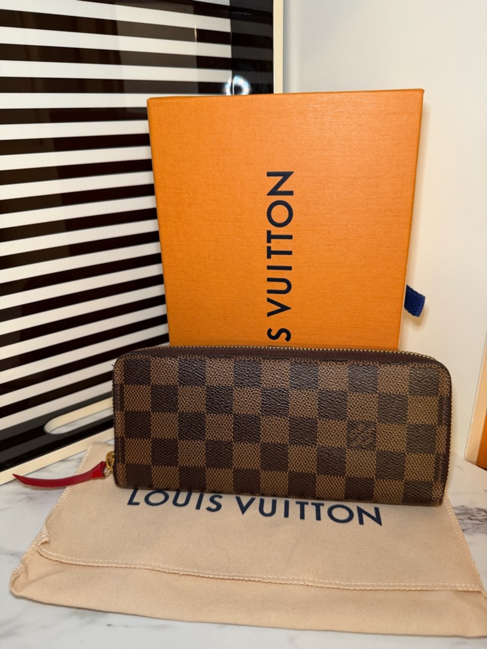 Louis Vuitton Damier Ebene Clémence Zippy Wallet with Red Accent